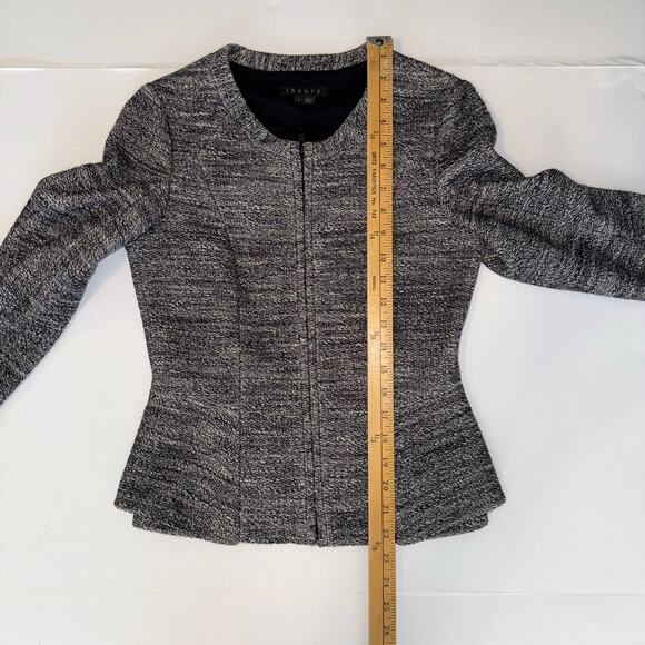 Theory Jondi Size 6 Tweed Knit Jacket Gray Black Open Front Work Blazer Peplum - Picture 7 of 10